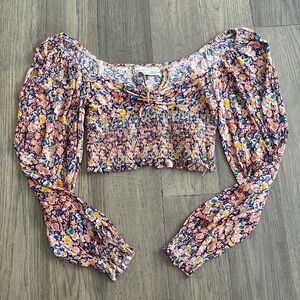 Urban Outfitters | Colourful floral smocked long sleeve crop top Size Medium